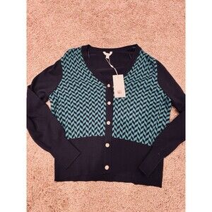 Lady Hagen Sweater Womens XL Navy Herringbone Button Cardigan Lightweight Knit